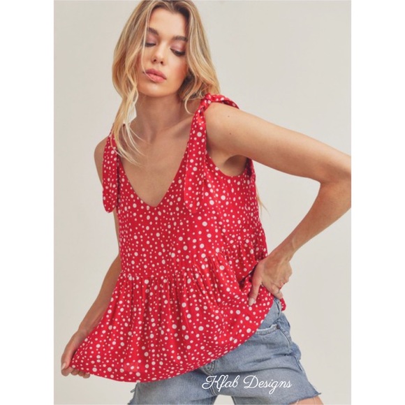 ❤️LAST 1! V Neck Red Peplum Adjustable Shoulder Tie Polka Dot Top! - Picture 3 of 6
